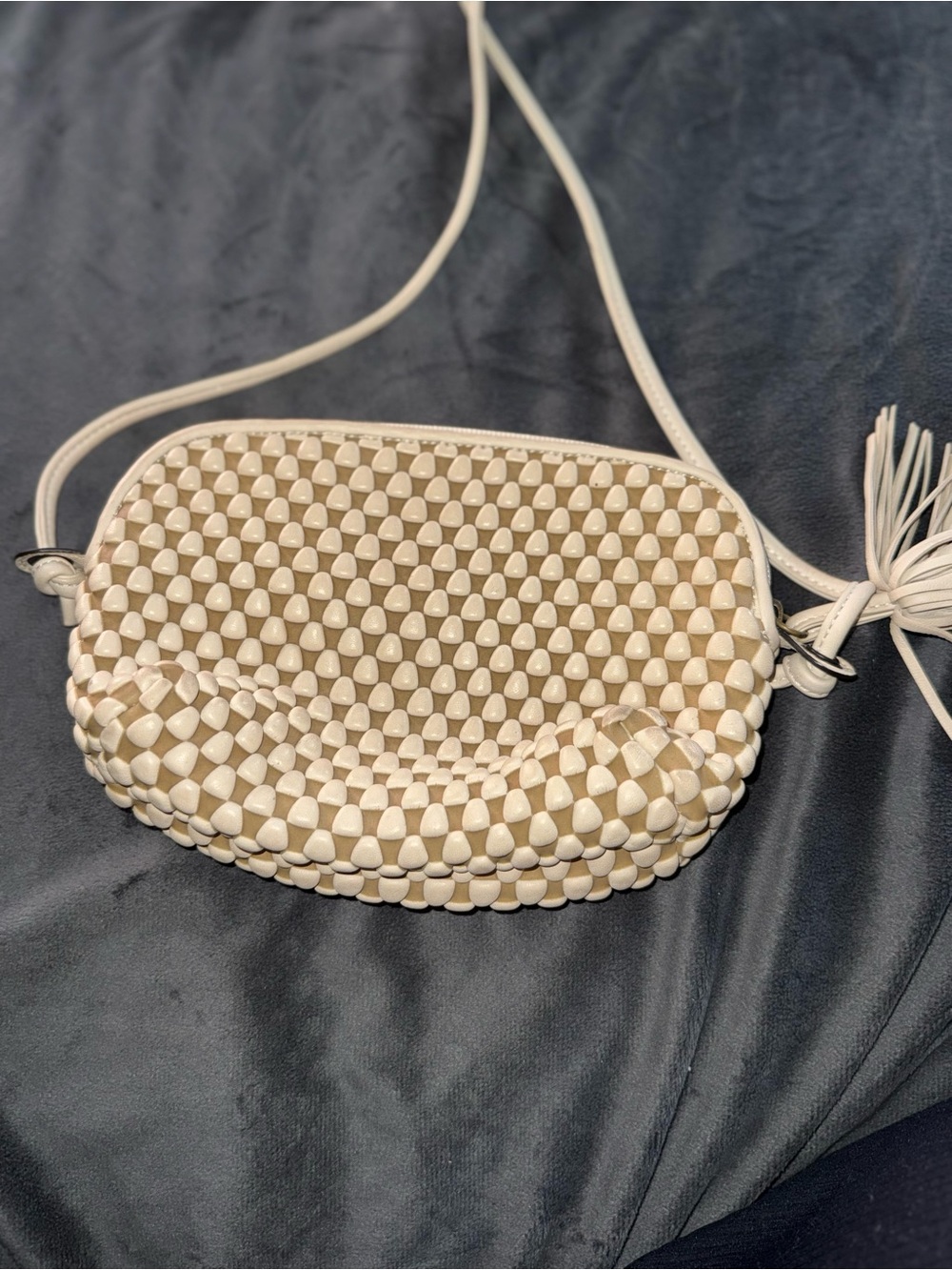 Woven Leather Crossbody Bag in Cream and White